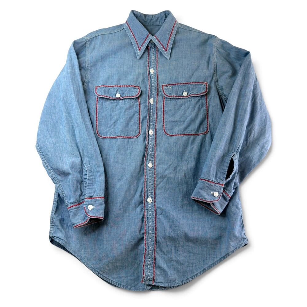 western embroidered chambray shirt medium cowboy ranch americana contrast stitch